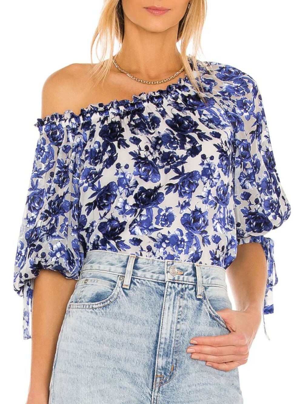 Alice + Olivia Alta Off-the-Shoulder Blouson Sleeve Blue Floral Burnout Top, S
